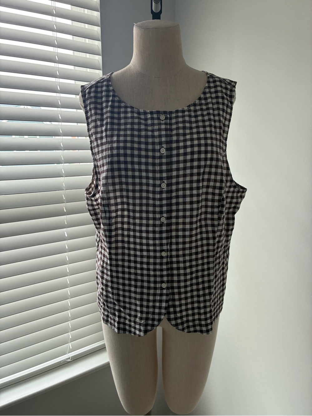 NWT Gap Women's Boatneck Linen-Blend Button-Up Brown Checkered Top
